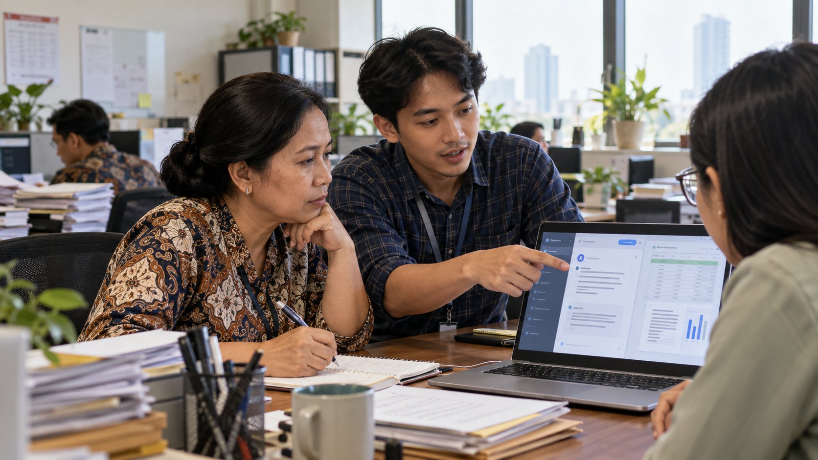 Pekerja Indonesia belajar menggunakan asisten AI dan data digital bersama rekan kerja di kantor