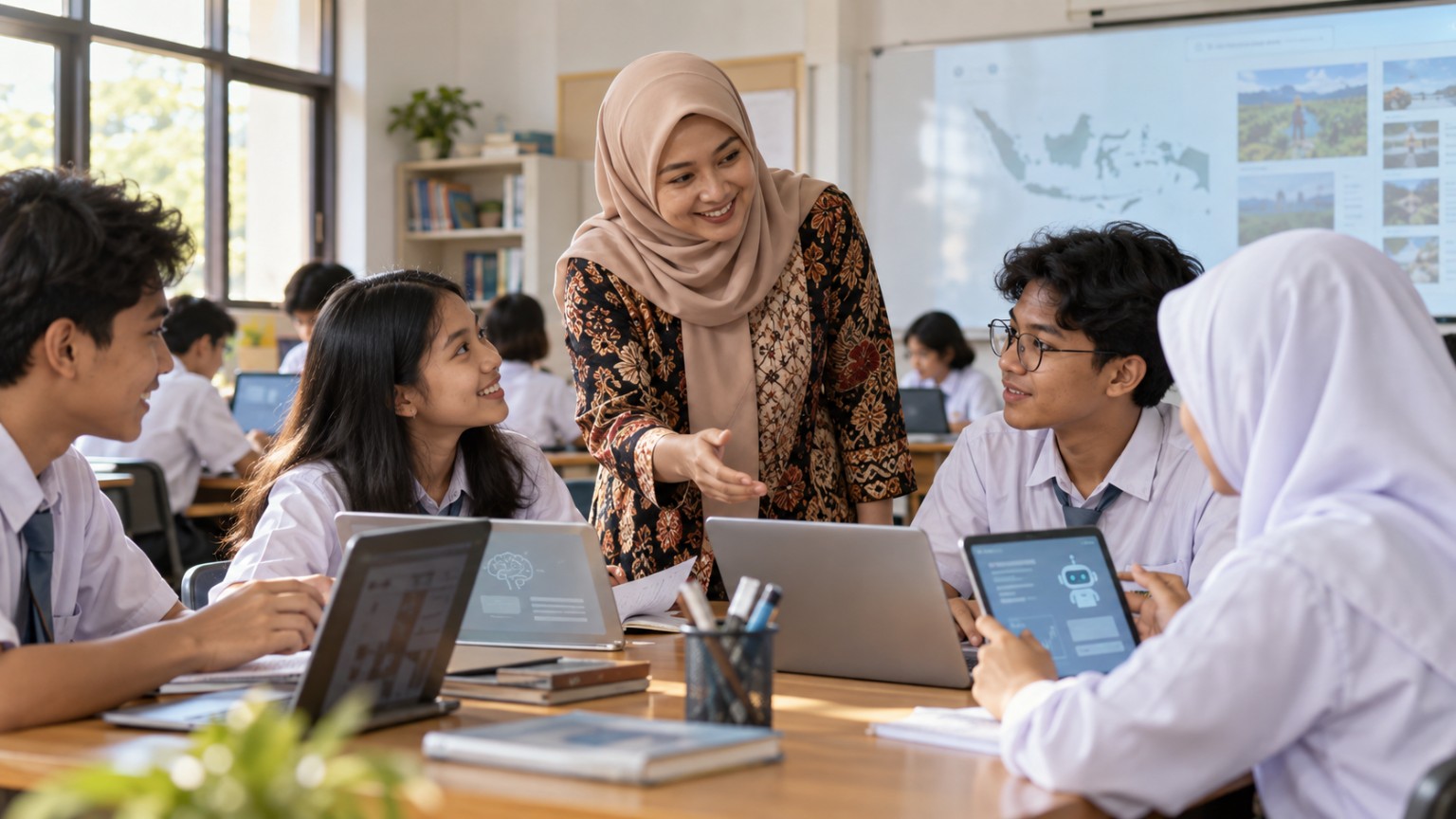 Guru membimbing siswa menggunakan laptop dan tablet dalam pembelajaran berbasis teknologi