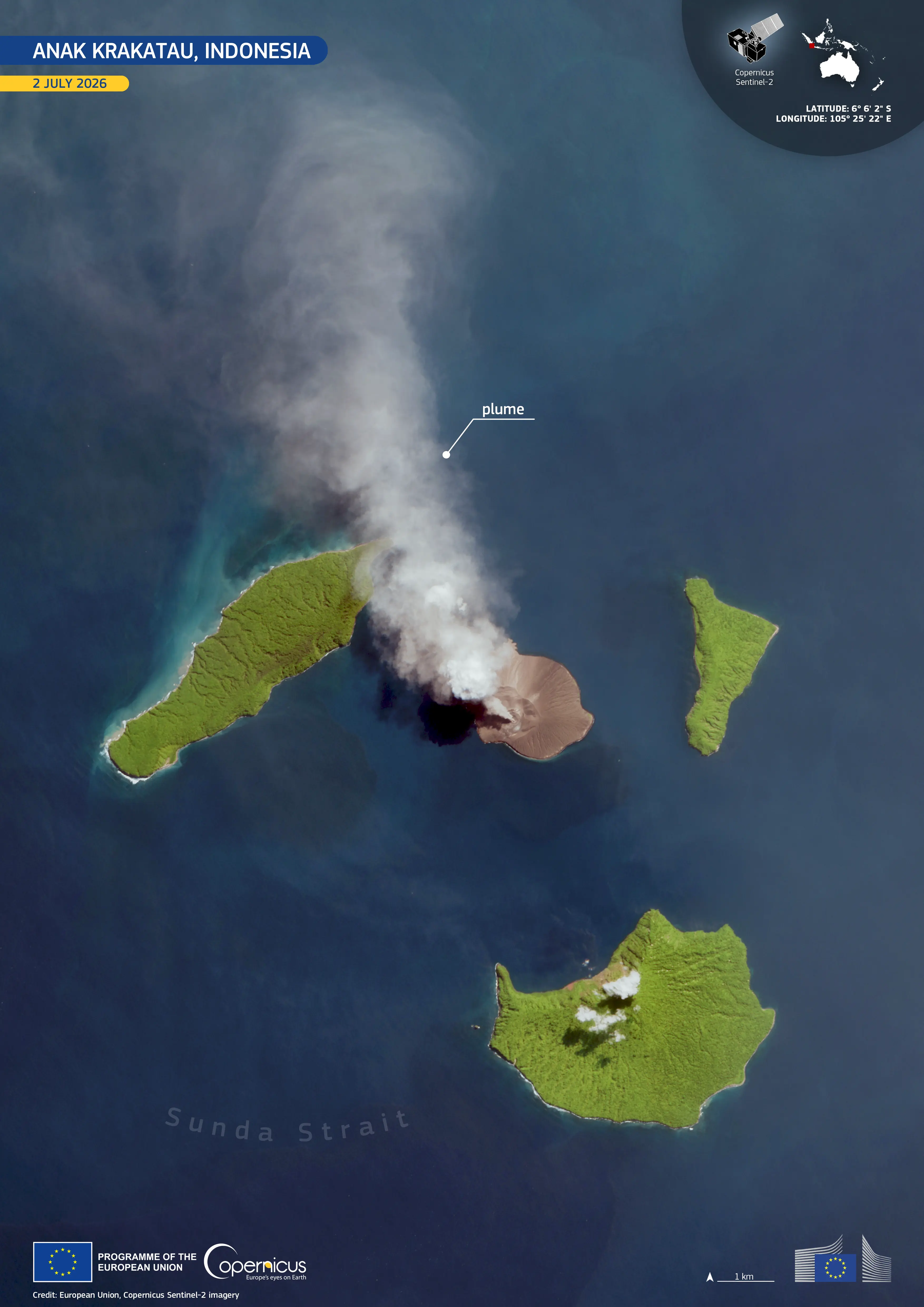 Citra satelit Anak Krakatau dengan kepulan abu di atas perairan Selat Sunda pada 2 Juli 2026