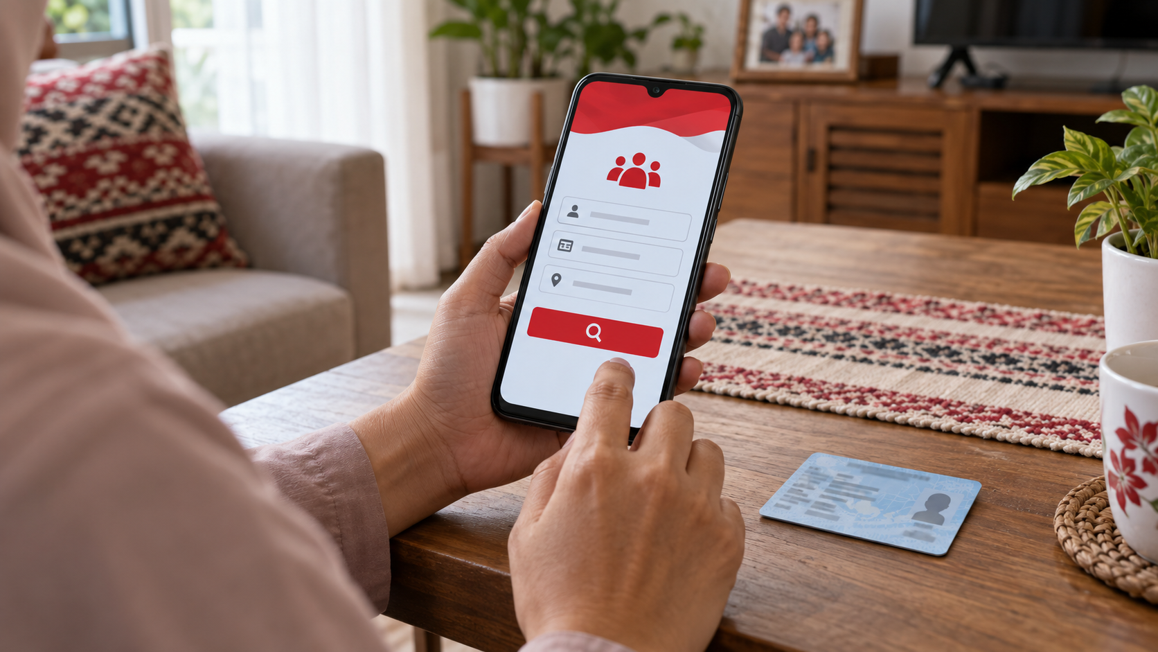 Ilustrasi AI warga memeriksa status bantuan sosial melalui ponsel dengan kartu identitas tanpa data terbaca