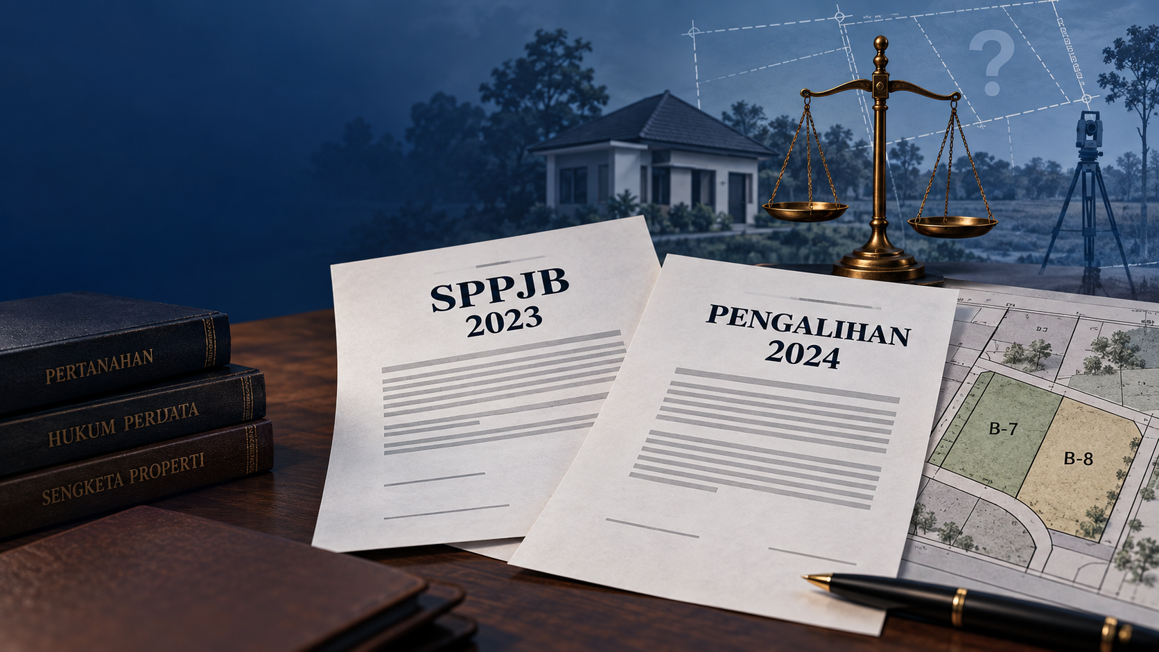 Ilustrasi netral sengketa kavling dengan dua dokumen perjanjian dan garis penghubung tanggung jawab hukum