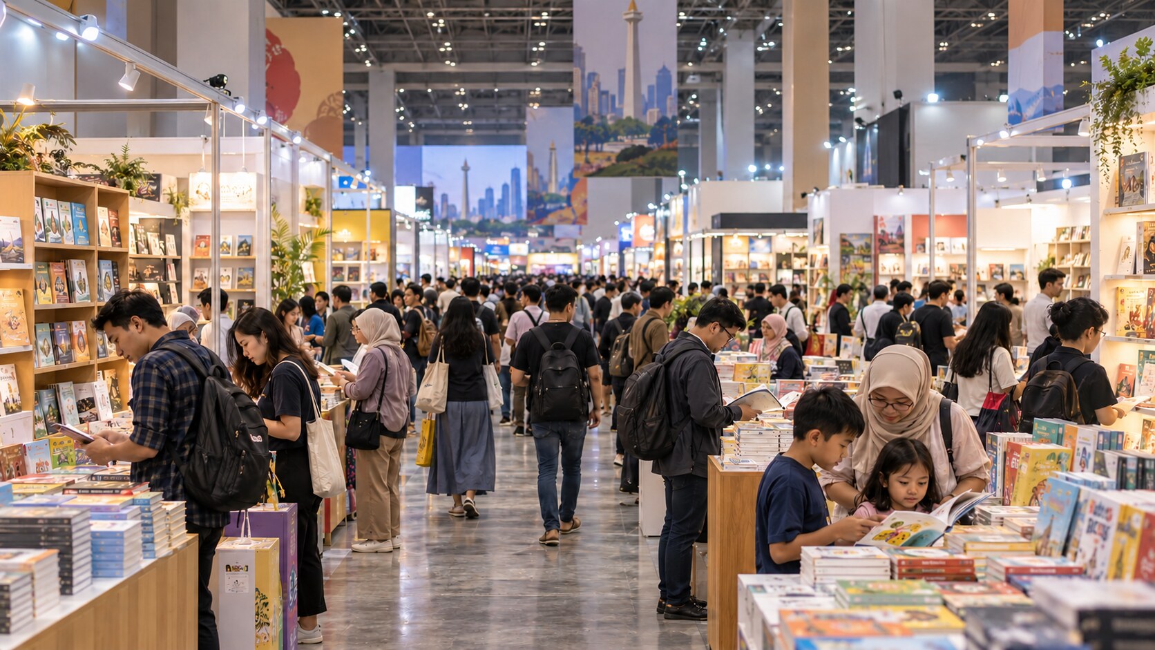 Ilustrasi realistis pengunjung menelusuri deretan stan buku di sebuah ruang pameran besar