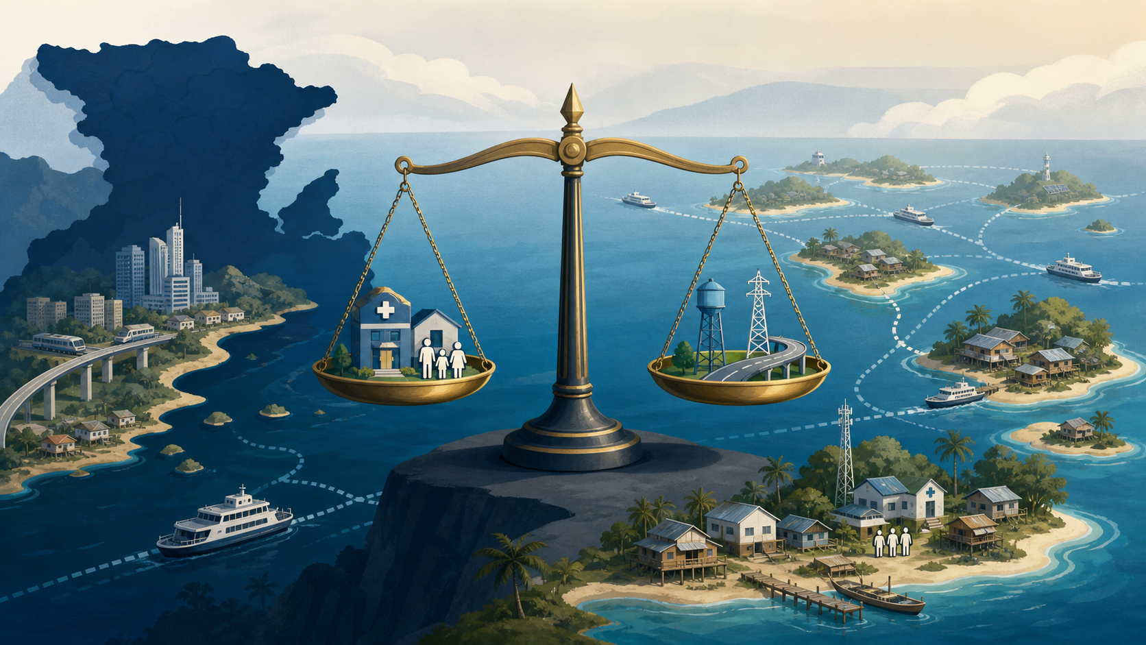 Ilustrasi editorial timbangan dan gugusan pulau sebagai simbol keadilan pembangunan daerah kepulauan
