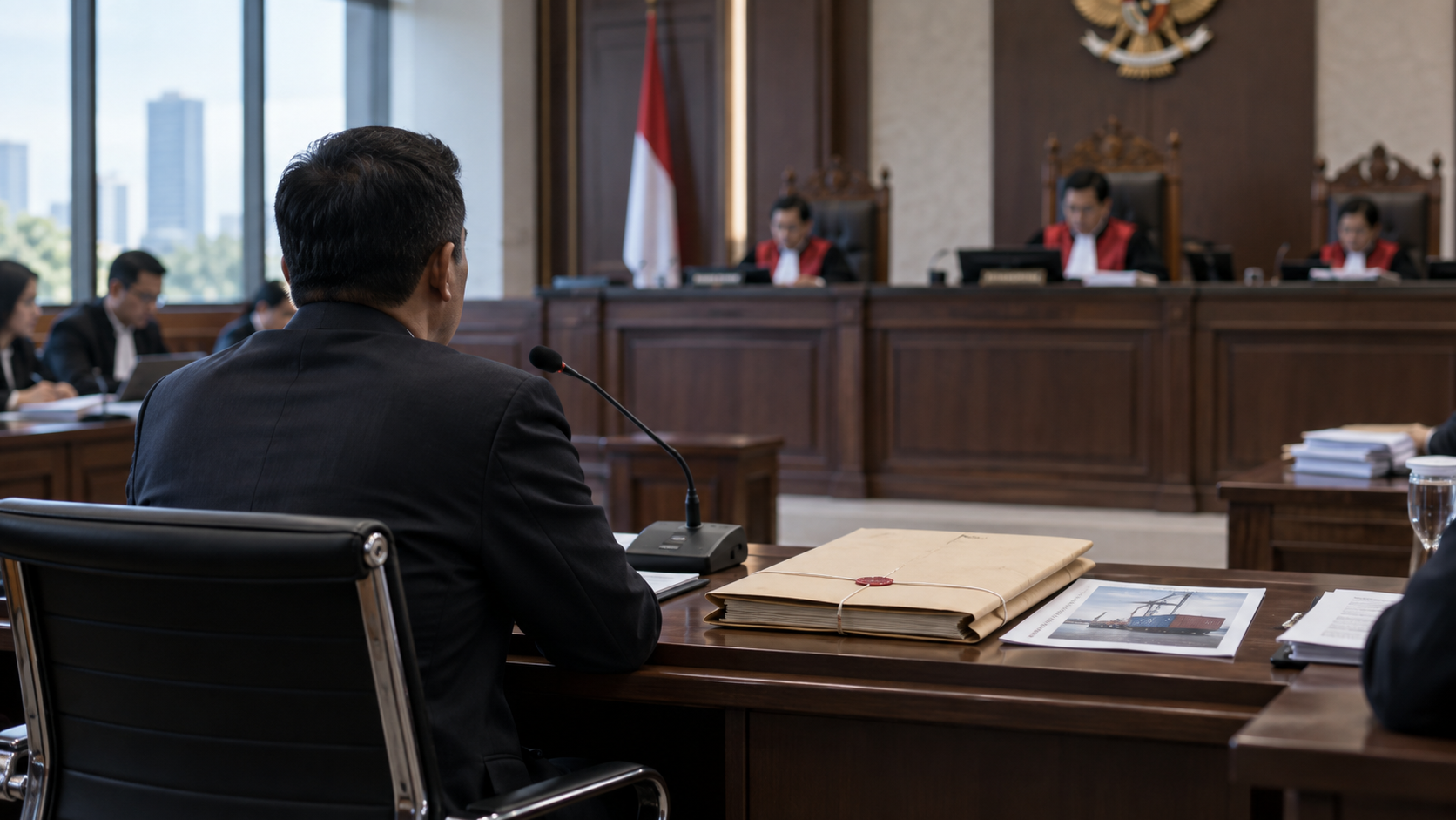 Ilustrasi AI suasana seorang saksi memberikan keterangan dalam persidangan perkara hukum