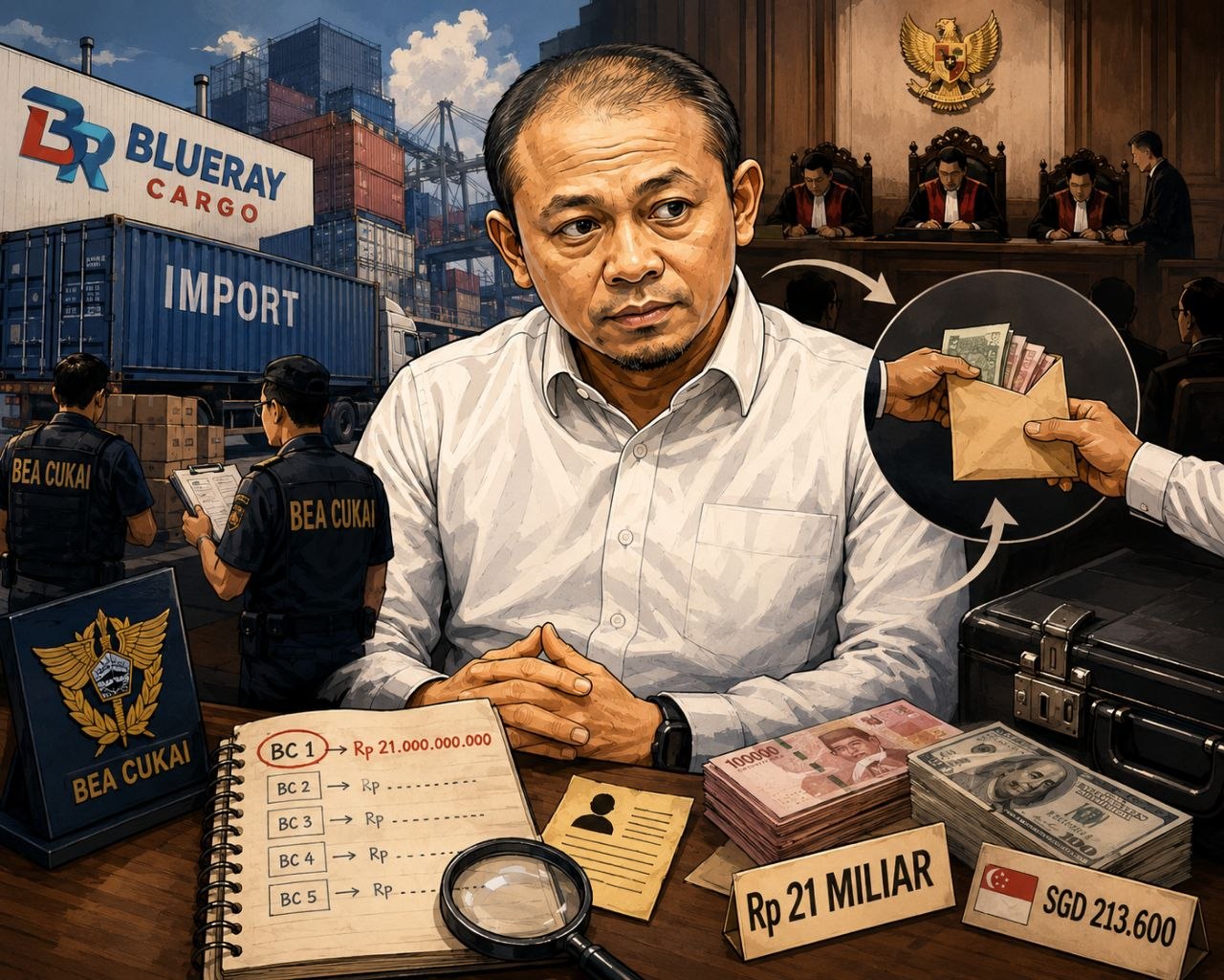Ilustrasi perkara dugaan suap kepabeanan Blueray Cargo yang menampilkan unsur aktivitas impor, Bea Cukai, persidangan, dan uang