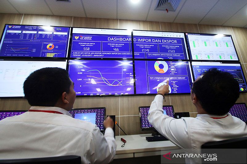Petugas memantau dashboard ekspor dan impor Indonesia National Single Window sebagai foto konteks digitalisasi perdagangan