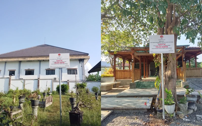 Dua dokumentasi lapangan plang penyitaan KPK pada objek SHM Nomor 1173 Tumenggungan di Lamongan