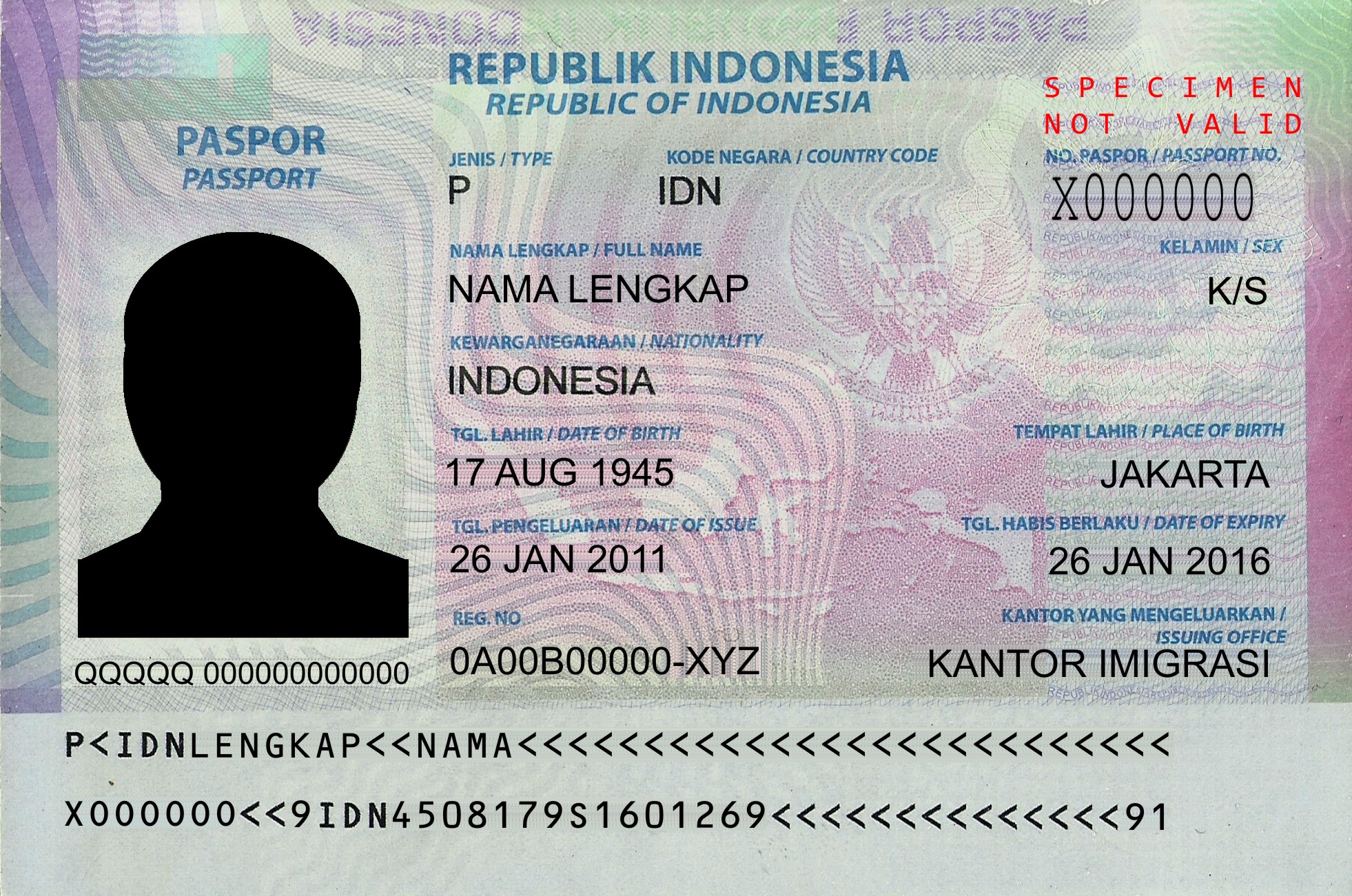 Contoh halaman data paspor Indonesia dengan identitas spesimen yang telah disamarkan