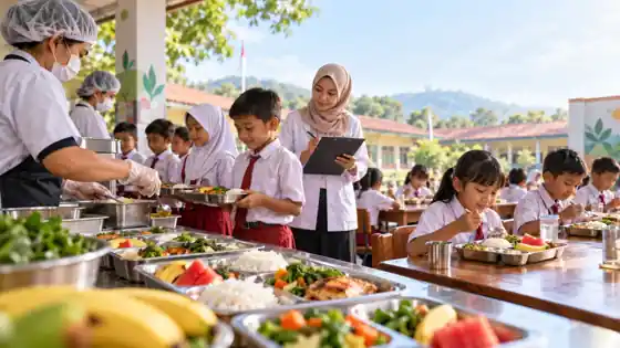Ilustrasi AI siswa sekolah menerima dan menyantap makanan bergizi di lingkungan sekolah