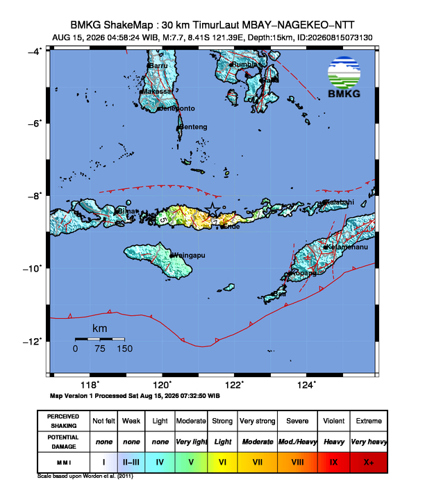 Peta guncangan gempa M7,7 di timur laut Mbay, Nagekeo, Nusa Tenggara Timur