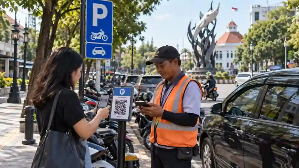 Ilustrasi AI pembayaran parkir digital menggunakan QR di kawasan perkotaan Surabaya