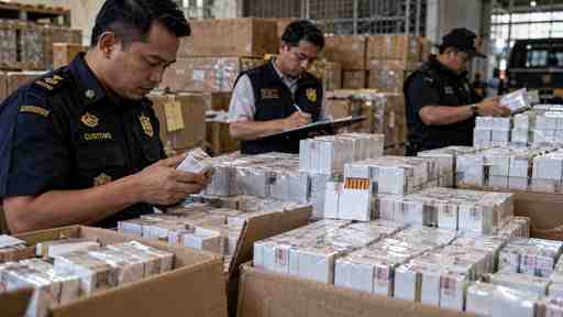 Ilustrasi AI realistis petugas memeriksa tumpukan rokok ilegal di sebuah gudang